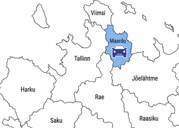 Lähivaates piirjoonekaart helesinise Maardu ja autoikooniga, tööstusala kaubiku jalaruumist korjatakse metallilaastud enne tolmuimemist magnetiga välja.
