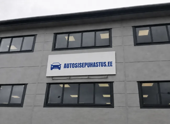Halli kolmekorruselise hoone akende vahel valge autosisepuhastus.ee silt pilvise taeva all, võtmekast on töökoja ukse kõrval 2017. aastast.