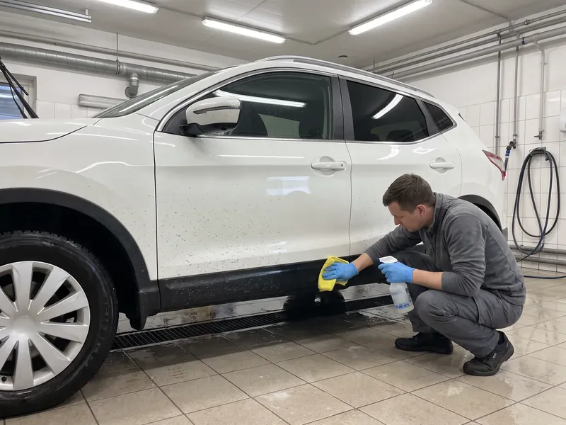 Valge maasturi uksed tsemenditäppidega, kükitav tehnik puhastab lävepakku pihusti ja kollase lapiga plaaditud pesuboksis, savitükk soojendatakse enne kasutamist sooja vee sees pehmeks.