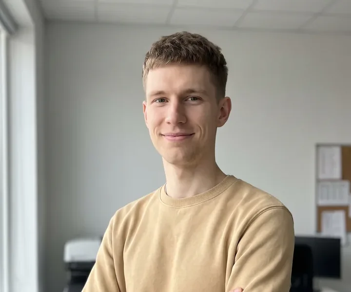 Kevin Sults, salongitehnik, beeži dressipluusiga, ristatud kätega kontoris teadetetahvli ja printeri ees, hallis seisva auto küljepeeglid keeratakse kokku, et keegi neid möödudes ei riivaks.